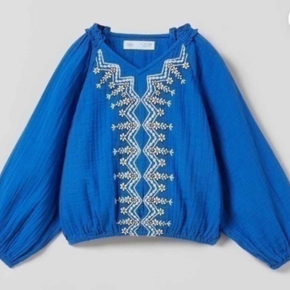 Zara Kids Embroidered Long Sleeve Boho Blue Blouse with Balloon Sleeves Size 10